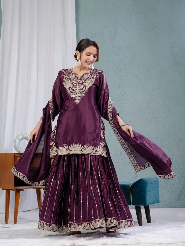 Wine_Pure_Chinnon_Silk_Embroidered_Sharara_Salwar_Suit_With_Dupatta