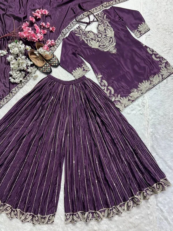 Wine_Pure_Chinnon_Silk_Embroidered_Sharara_Salwar_Suit_With_Dupatta