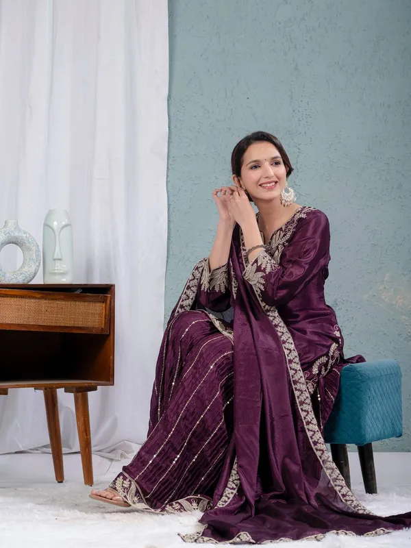 Wine_Pure_Chinnon_Silk_Embroidered_Sharara_Salwar_Suit_With_Dupatta