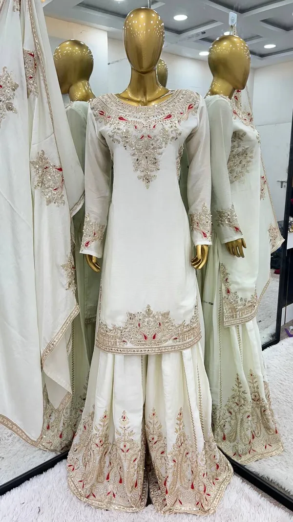 White_Pure_Chinnon_Silk_Embroidery_Coding_Dori-Sequence_Palazzo_Salwar_Suit_With_Duaptta