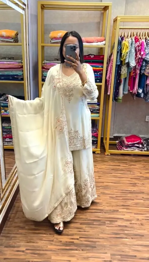 White_Pure_Chinnon_Silk_Embroidery_Coding_Dori-Sequence_Palazzo_Salwar_Suit_With_Duaptta