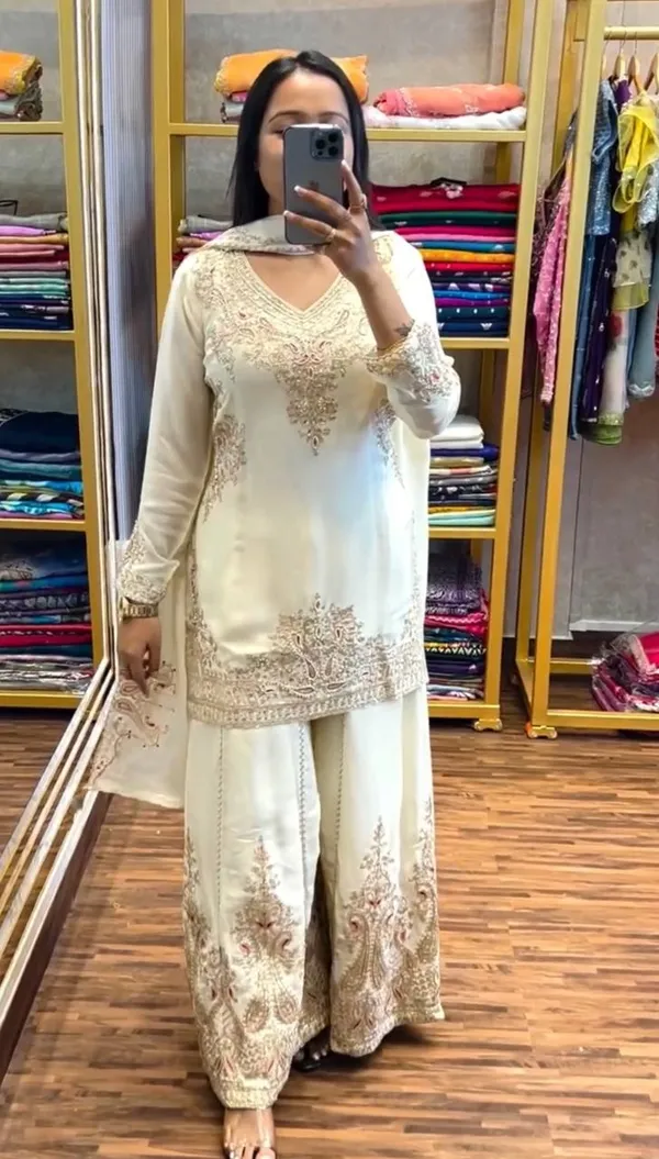 White_Pure_Chinnon_Silk_Embroidery_Coding_Dori-Sequence_Palazzo_Salwar_Suit_With_Duaptta