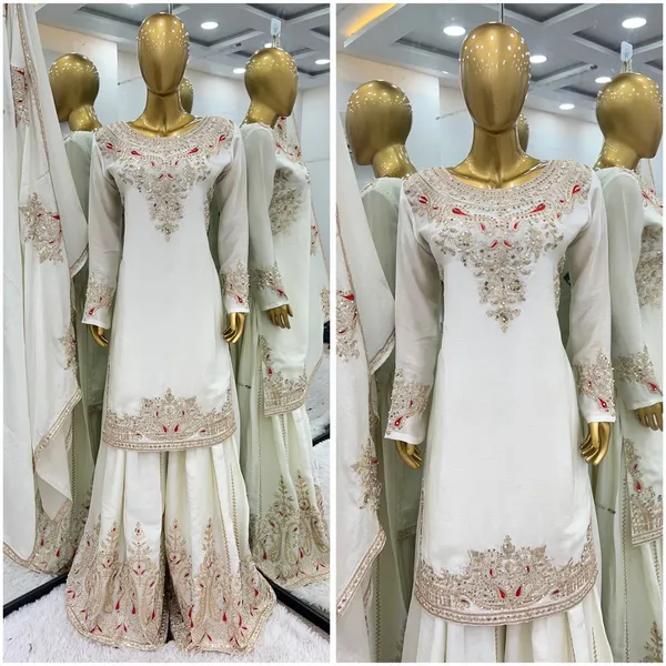 White_Pure_Chinnon_Silk_Embroidery_Coding_Dori-Sequence_Palazzo_Salwar_Suit_With_Duaptta
