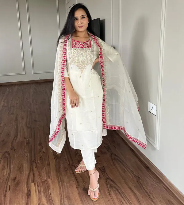 White_Pure_Chinnon_Silk_Sequence_Embroidery_Work_Salwar_Suit_With_Dupatta