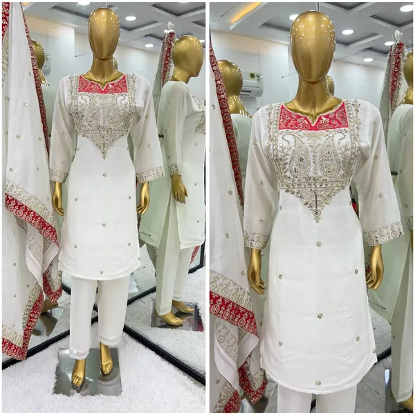 White_Pure_Chinnon_Silk_Sequence_Embroidery_Work_Salwar_Suit_With_Dupatta