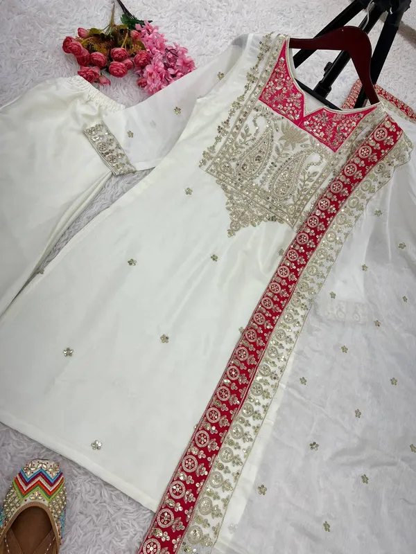 White_Pure_Chinnon_Silk_Sequence_Embroidery_Work_Salwar_Suit_With_Dupatta