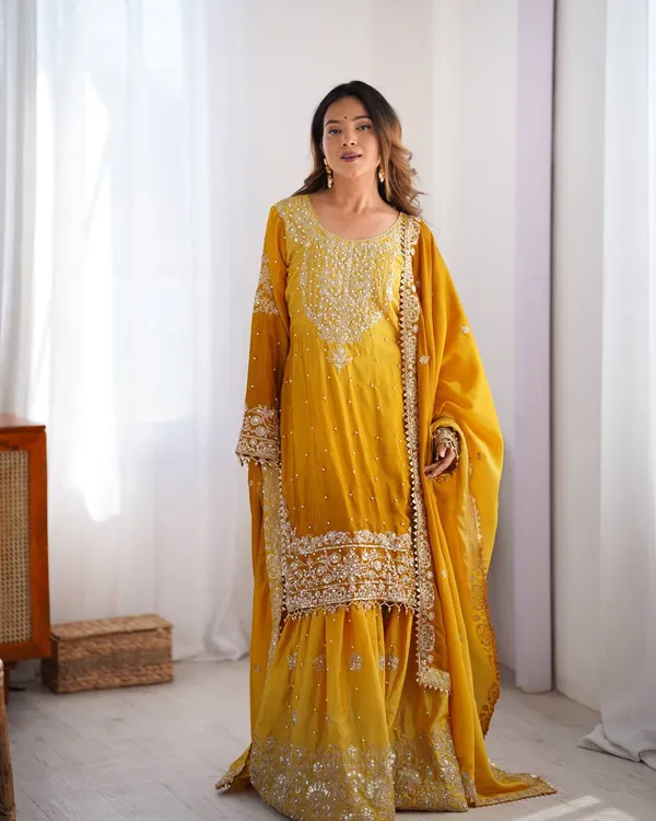YELLOW_SHADED_CHINNON_SILK_CODING_SEQUENCE_EMBROIDERED_SHARARA_SALWAR_SUIT_WITH_DUPATTA