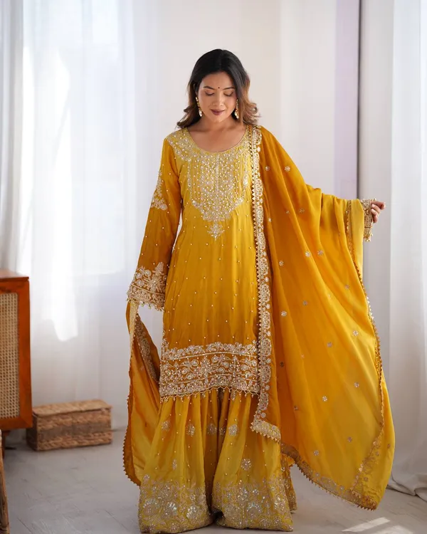 YELLOW_SHADED_CHINNON_SILK_CODING_SEQUENCE_EMBROIDERED_SHARARA_SALWAR_SUIT_WITH_DUPATTA