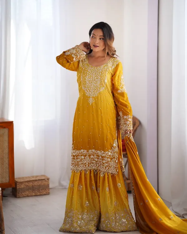 YELLOW_SHADED_CHINNON_SILK_CODING_SEQUENCE_EMBROIDERED_SHARARA_SALWAR_SUIT_WITH_DUPATTA