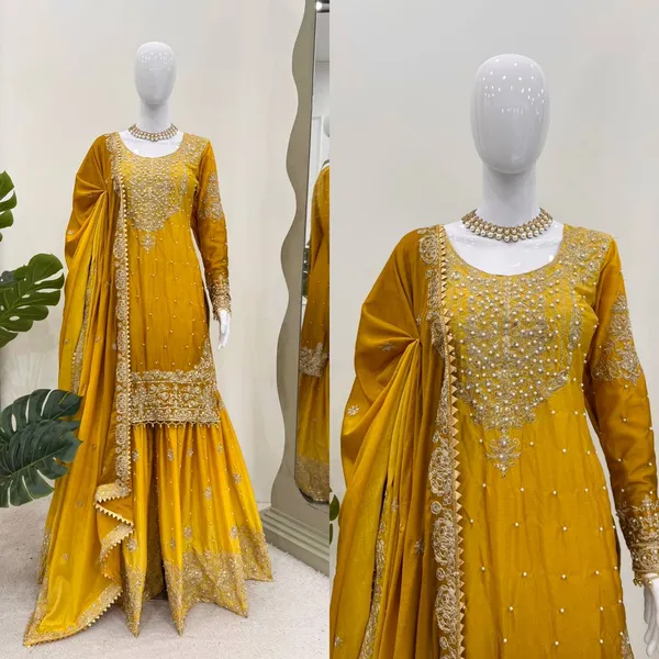 YELLOW_SHADED_CHINNON_SILK_CODING_SEQUENCE_EMBROIDERED_SHARARA_SALWAR_SUIT_WITH_DUPATTA