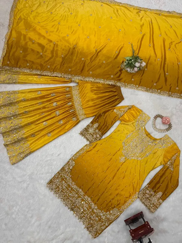 YELLOW_SHADED_CHINNON_SILK_CODING_SEQUENCE_EMBROIDERED_SHARARA_SALWAR_SUIT_WITH_DUPATTA