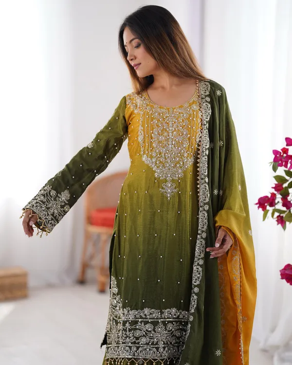 YELLOW_&_GREEN_SHADED_CHINNON_SILK_CODING_SEQUENCE_EMBROIDERED_SHARARA_SALWAR_SUIT_WITH_DUPATTA