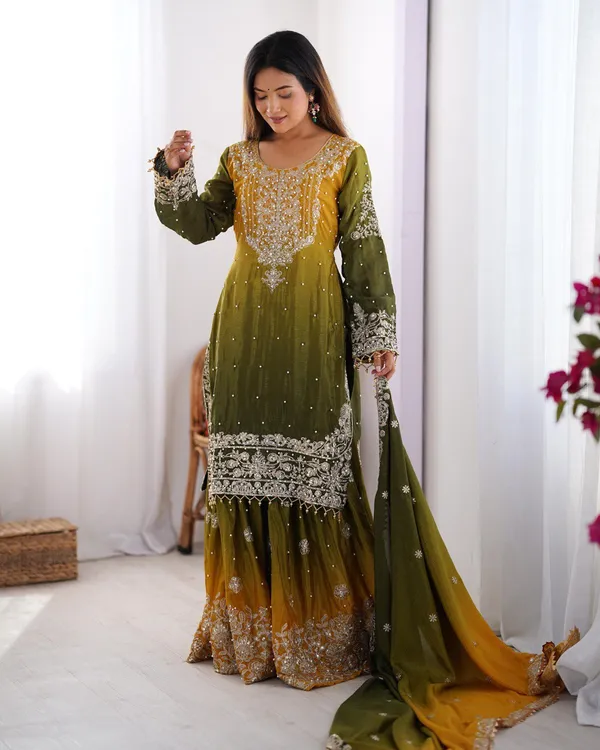 YELLOW_&_GREEN_SHADED_CHINNON_SILK_CODING_SEQUENCE_EMBROIDERED_SHARARA_SALWAR_SUIT_WITH_DUPATTA