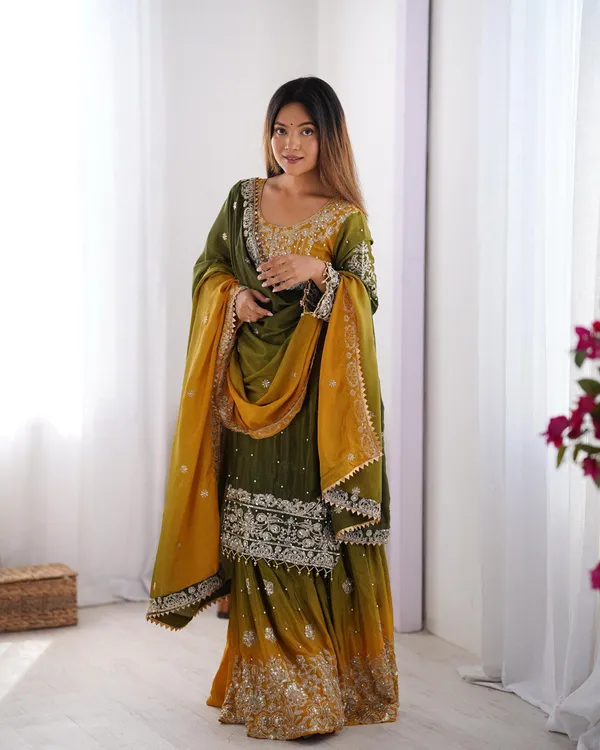 YELLOW_&_GREEN_SHADED_CHINNON_SILK_CODING_SEQUENCE_EMBROIDERED_SHARARA_SALWAR_SUIT_WITH_DUPATTA