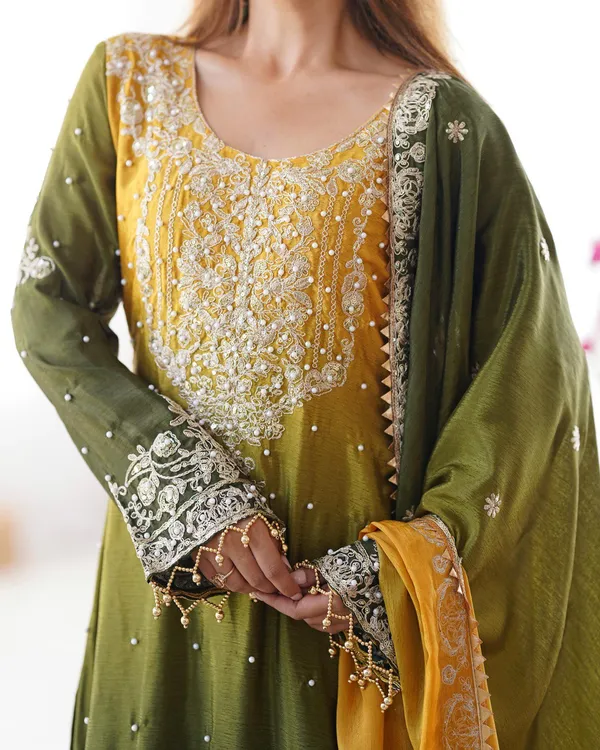 YELLOW_&_GREEN_SHADED_CHINNON_SILK_CODING_SEQUENCE_EMBROIDERED_SHARARA_SALWAR_SUIT_WITH_DUPATTA