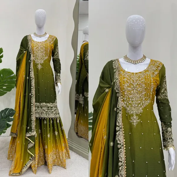 YELLOW_&_GREEN_SHADED_CHINNON_SILK_CODING_SEQUENCE_EMBROIDERED_SHARARA_SALWAR_SUIT_WITH_DUPATTA
