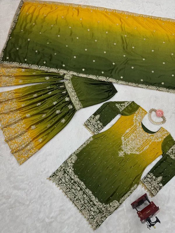 YELLOW_&_GREEN_SHADED_CHINNON_SILK_CODING_SEQUENCE_EMBROIDERED_SHARARA_SALWAR_SUIT_WITH_DUPATTA