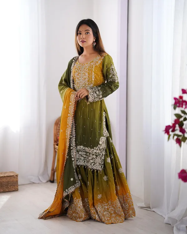 YELLOW_&_GREEN_SHADED_CHINNON_SILK_CODING_SEQUENCE_EMBROIDERED_SHARARA_SALWAR_SUIT_WITH_DUPATTA