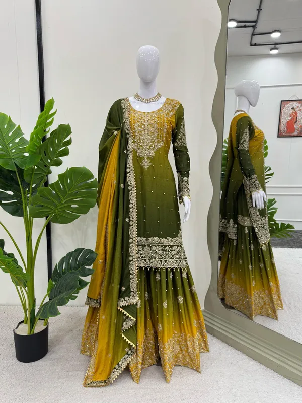 YELLOW_&_GREEN_SHADED_CHINNON_SILK_CODING_SEQUENCE_EMBROIDERED_SHARARA_SALWAR_SUIT_WITH_DUPATTA