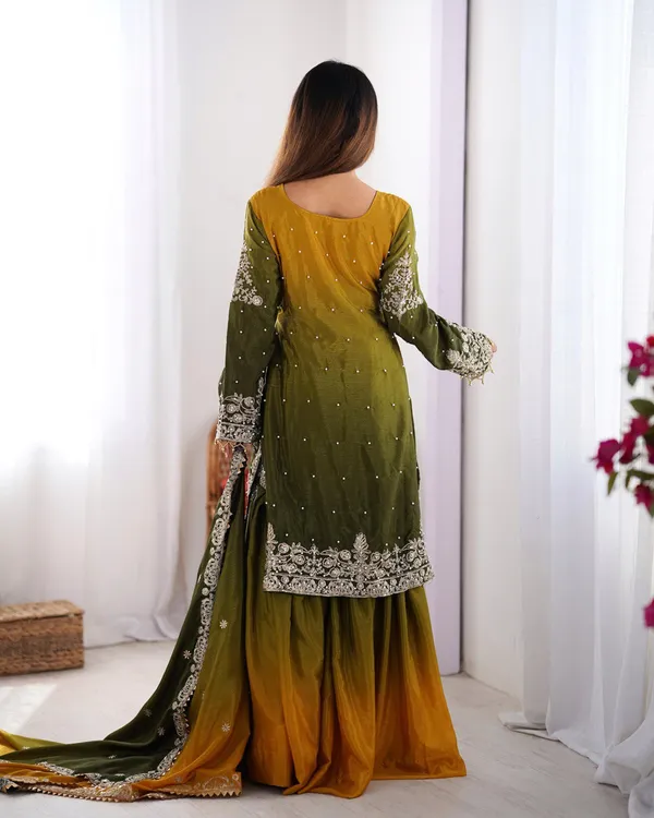YELLOW_&_GREEN_SHADED_CHINNON_SILK_CODING_SEQUENCE_EMBROIDERED_SHARARA_SALWAR_SUIT_WITH_DUPATTA