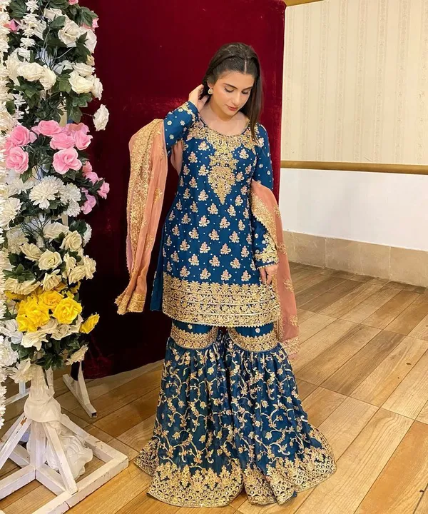 Blue_Faux_Georgette_Embroidery_Coding_Sequence_Work_Sharara_Salwar_Suit_With_Dupatta