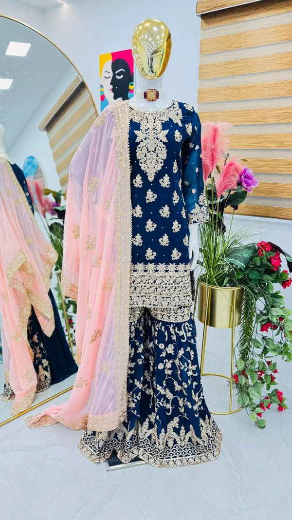 Blue_Faux_Georgette_Embroidery_Coding_Sequence_Work_Sharara_Salwar_Suit_With_Dupatta