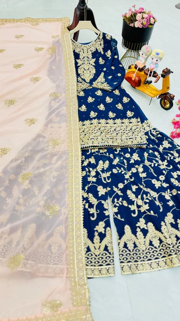 Blue_Faux_Georgette_Embroidery_Coding_Sequence_Work_Sharara_Salwar_Suit_With_Dupatta