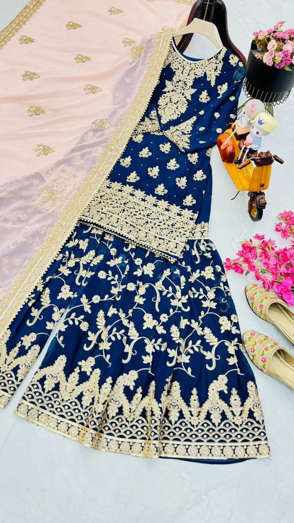 Blue_Faux_Georgette_Embroidery_Coding_Sequence_Work_Sharara_Salwar_Suit_With_Dupatta
