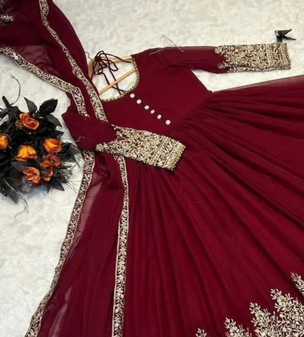 Maroon_Faux_Georgette_Sequence_Embroidery_Gown_With_Dupatta