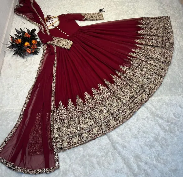 Maroon_Faux_Georgette_Sequence_Embroidery_Gown_With_Dupatta