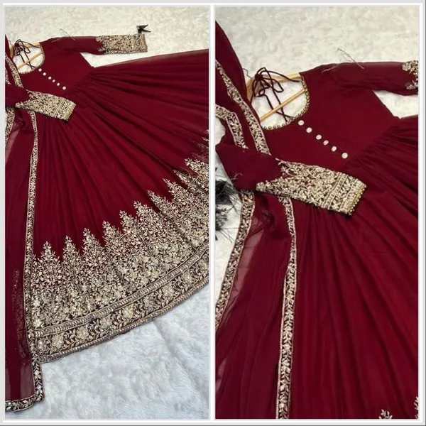Maroon_Faux_Georgette_Sequence_Embroidery_Gown_With_Dupatta