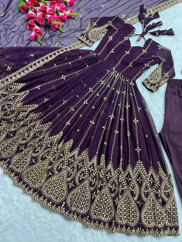 Wine_Heavy_Faux_Georgette_Floor_Length_Anarkali_Gown_With_Bottom_And_Dupatta