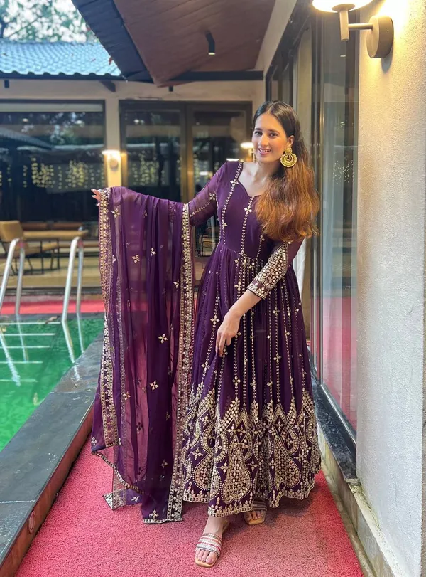 Wine_Heavy_Faux_Georgette_Floor_Length_Anarkali_Gown_With_Bottom_And_Dupatta