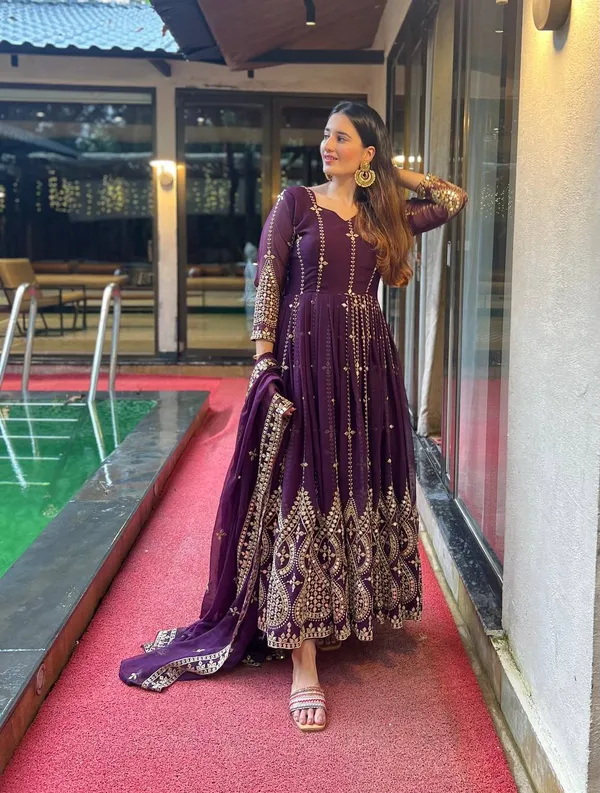 Wine_Heavy_Faux_Georgette_Floor_Length_Anarkali_Gown_With_Bottom_And_Dupatta