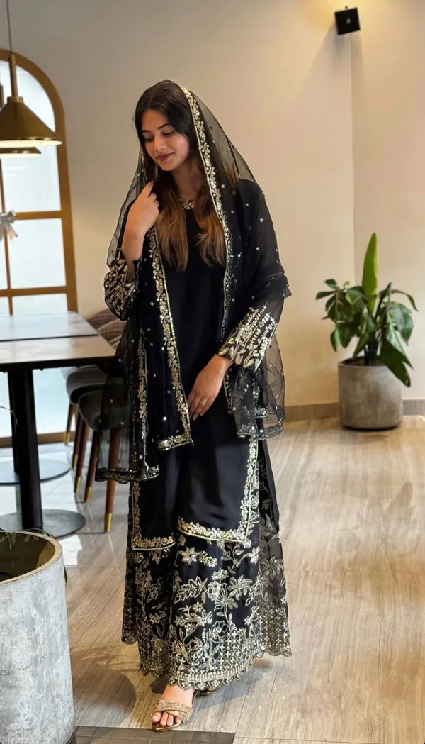 Black_Faux_Georgette_Sequence_Embroidered_Sharara_Salwar_Suit_Eith_Dupatta