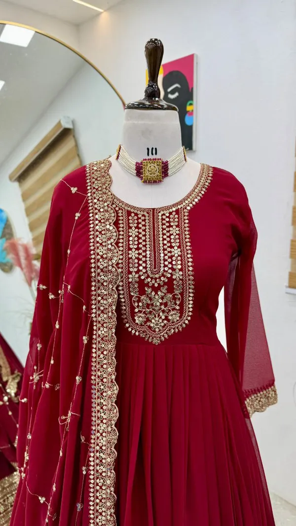 Red_Elegant_Faux_Georgette_Sequence_Embroidered_Anarkali_Gown_With_Dupatta