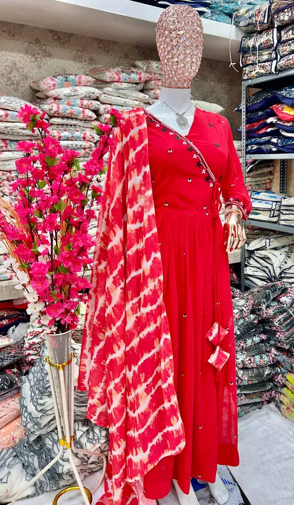 Red_Faux_Georgette_Embroidered_Gown_Set_With_Bottom_And_Dupatta