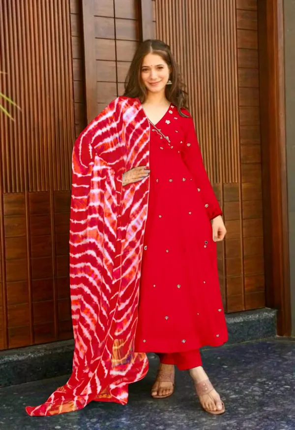 Red_Faux_Georgette_Embroidered_Gown_Set_With_Bottom_And_Dupatta