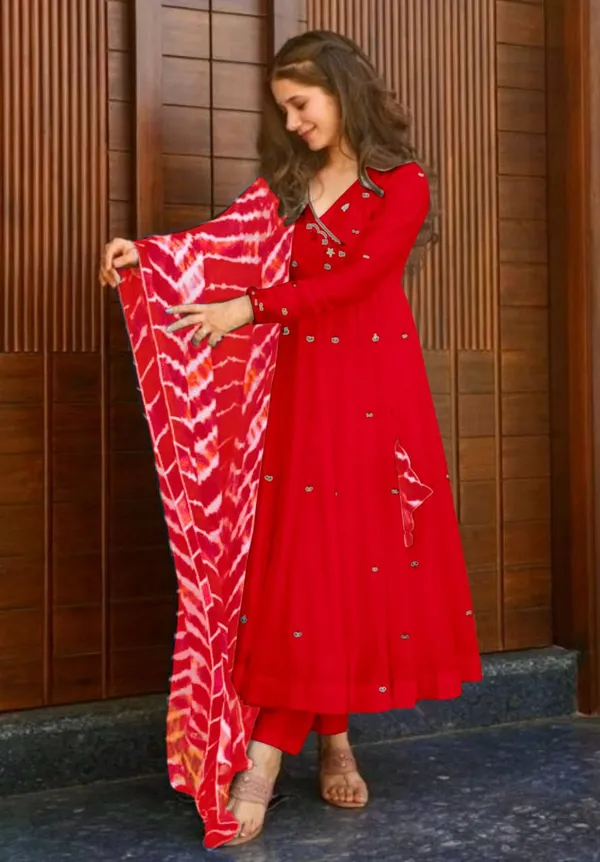 Red_Faux_Georgette_Embroidered_Gown_Set_With_Bottom_And_Dupatta