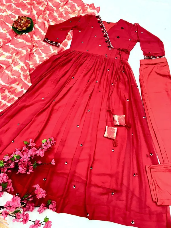 Red_Faux_Georgette_Embroidered_Gown_Set_With_Bottom_And_Dupatta