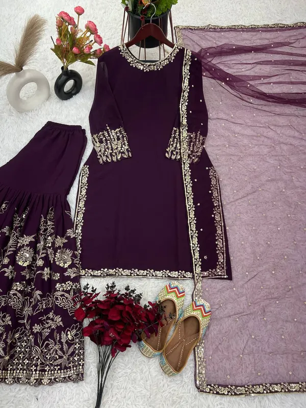 Wine_Faux_Georgette_Sequence_Embroidered_Sharara_Salwar_Suit_Eith_Dupatta