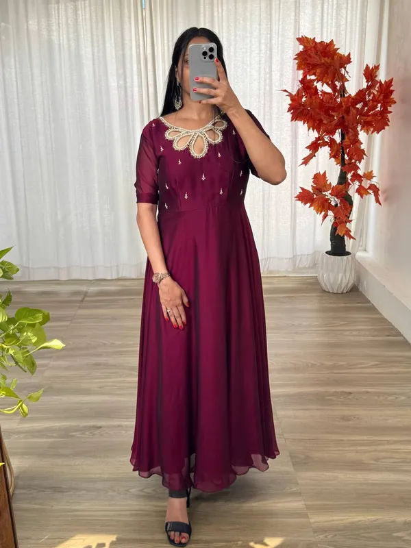 Wine_New_Party_Wear_Look_Rangoli_Georgette_Gown_With_Dupatta_(Set_Of_2_Piece)