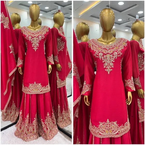 Red_Pure_Chinnon_Silk_Embroidery_Coding_Dori-Sequence_Palazzo_Salwar_Suit_With_Duaptta
