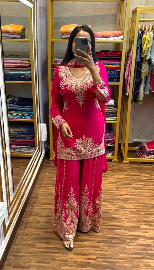 Red_Pure_Chinnon_Silk_Embroidery_Coding_Dori-Sequence_Palazzo_Salwar_Suit_With_Duaptta