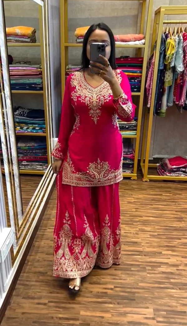 Red_Pure_Chinnon_Silk_Embroidery_Coding_Dori-Sequence_Palazzo_Salwar_Suit_With_Duaptta