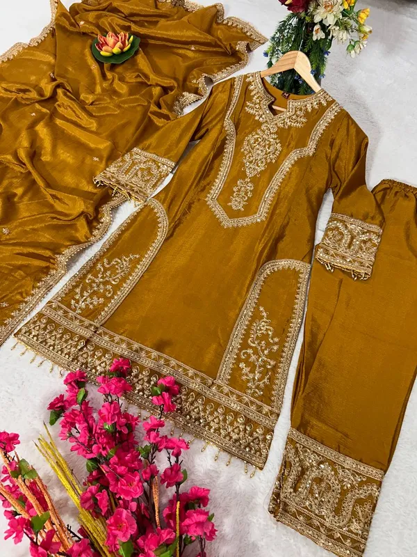 Gold_Attractive_Chinnon_Silk_Coding_Sequence_Embroidered_Salwar_Suit_With_Dupatta