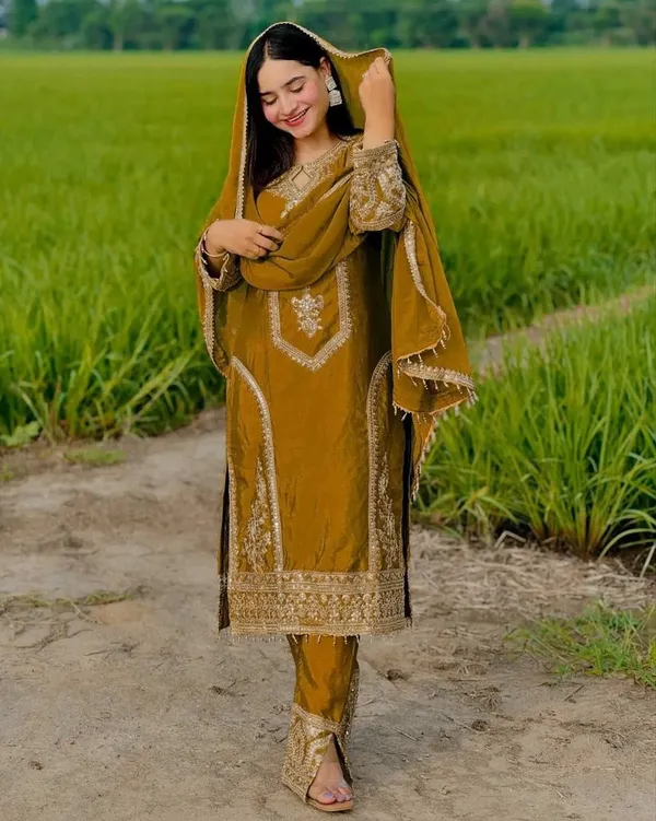 Gold_Attractive_Chinnon_Silk_Coding_Sequence_Embroidered_Salwar_Suit_With_Dupatta