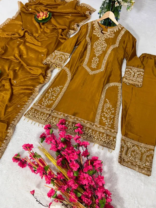 Gold_Attractive_Chinnon_Silk_Coding_Sequence_Embroidered_Salwar_Suit_With_Dupatta