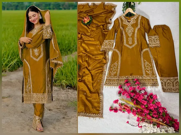 Gold_Attractive_Chinnon_Silk_Coding_Sequence_Embroidered_Salwar_Suit_With_Dupatta