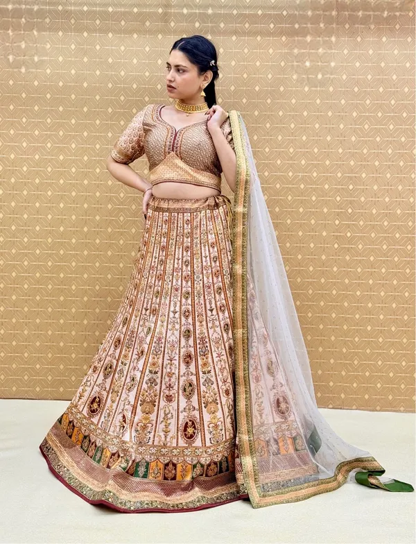 Cream_Swarovski_Stone_Work_Printed_Lehenga_Choli_For_Women_&_Girls